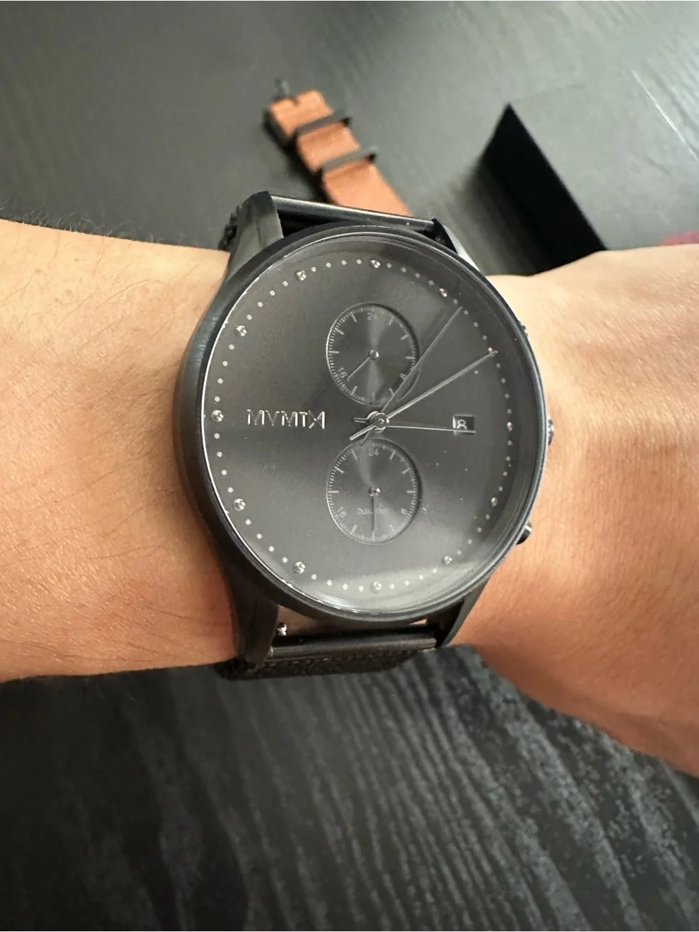 MVMT Black Mesh Chronograph Watch with extra Tan Leather Strap and Box 42mm